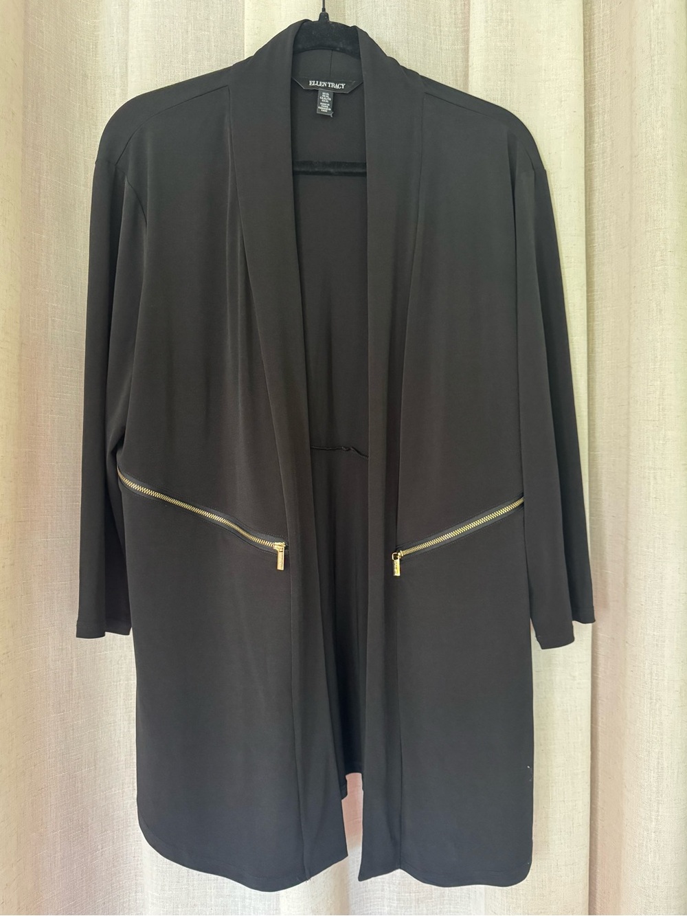 ELLEN TRACY Cardigan Open Front Blazer  Gold Zippers Longline Lightweight Sz XL